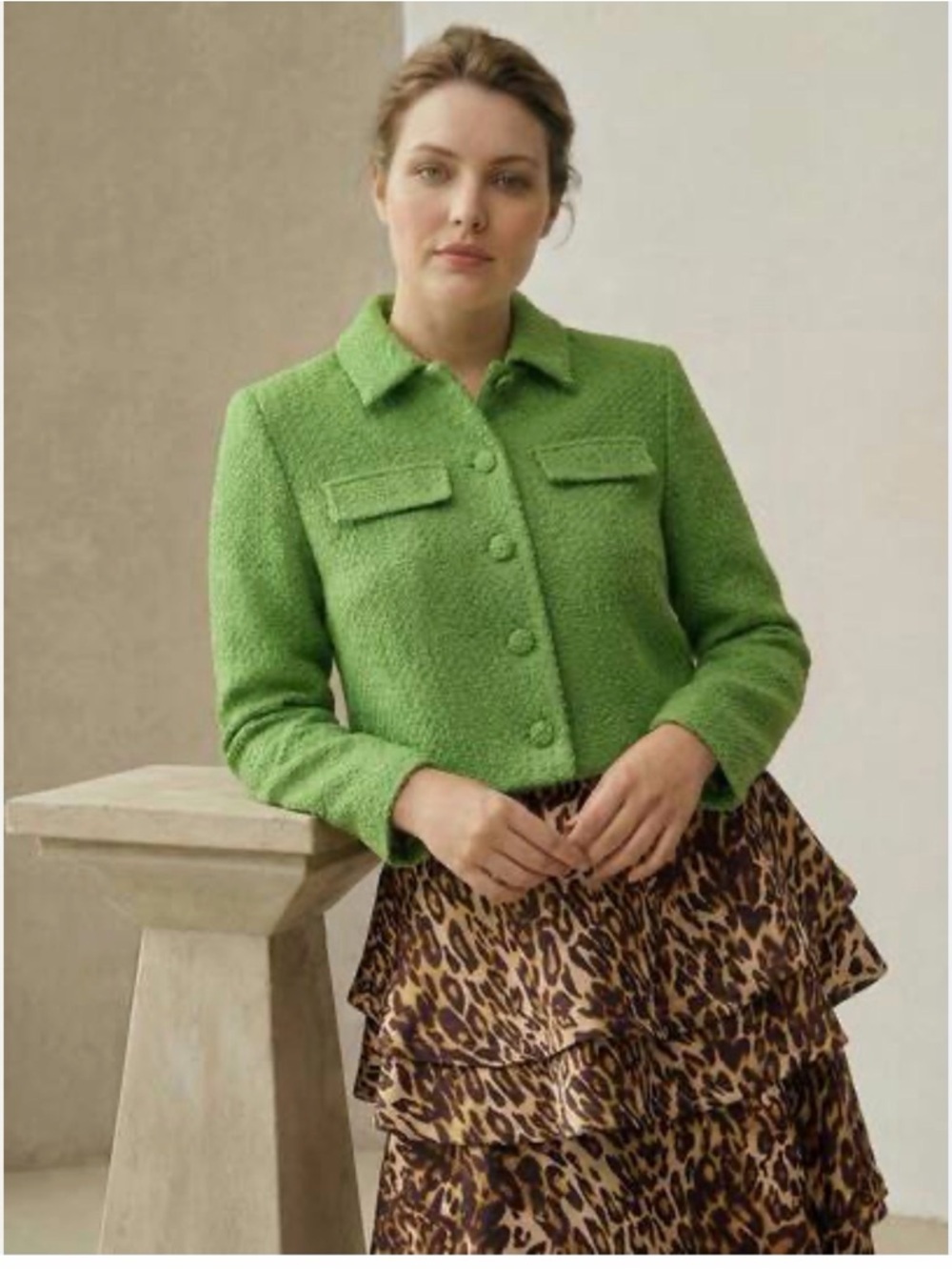 MOTF Cropped Green Bouclé Blazer Jacket Size L - Picture 2 of 10